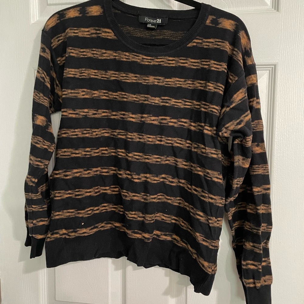 Women’s Black and Cream Striped Crew Neck Sweater